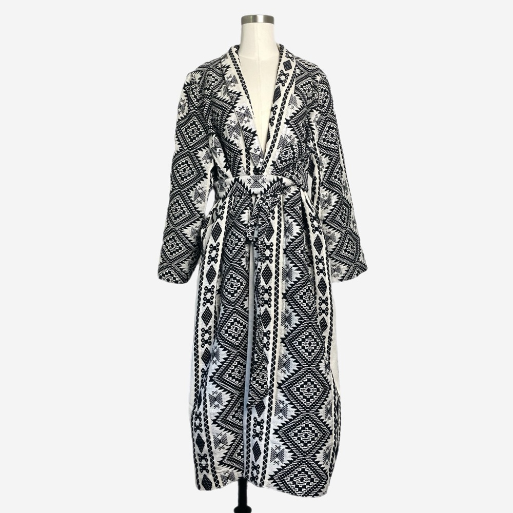 Never Fully Dressed black ivory jacquard southwestern glitter belted coat boho L